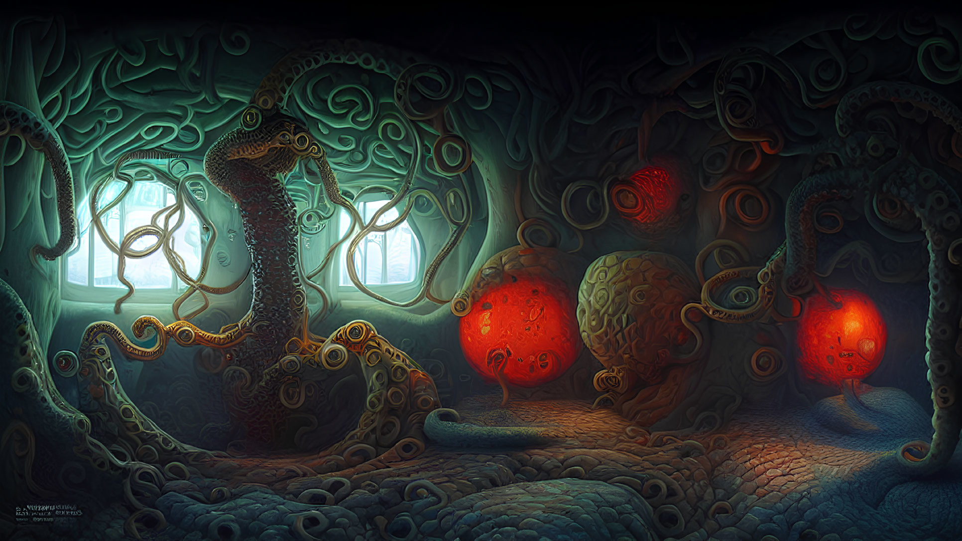 Surreal artwork: Tentacle-like forms, glowing orbs, intricate patterns in dimly lit under