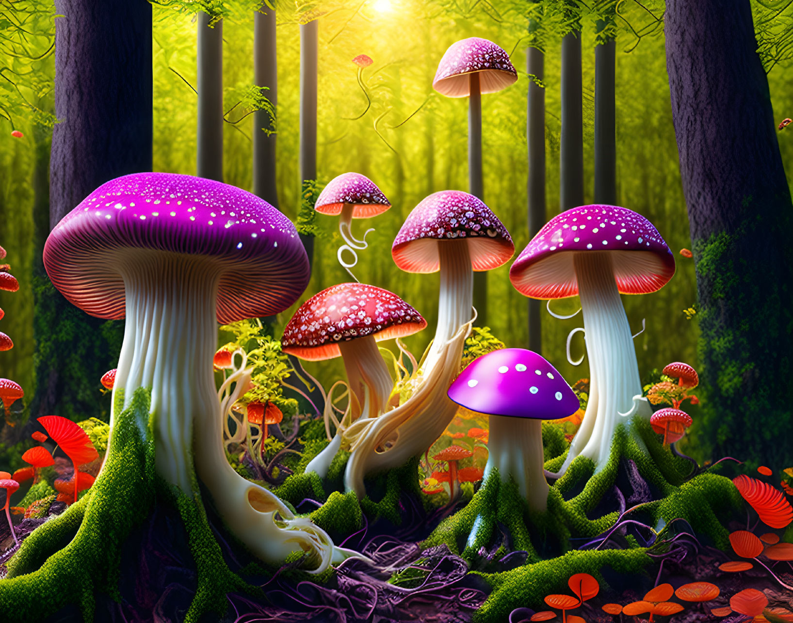 Colorful Oversized Mushrooms in Vibrant Fantasy Forest