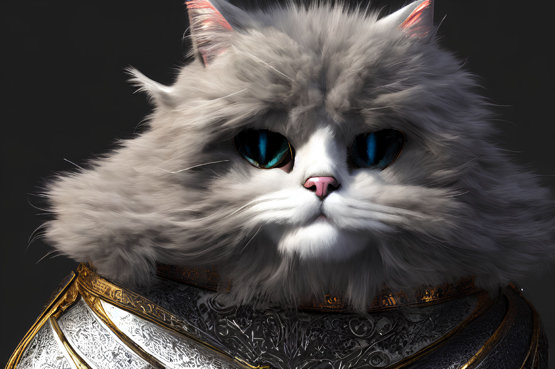 Stoic fluffy cat in ornate armor with blue eyes on dark background