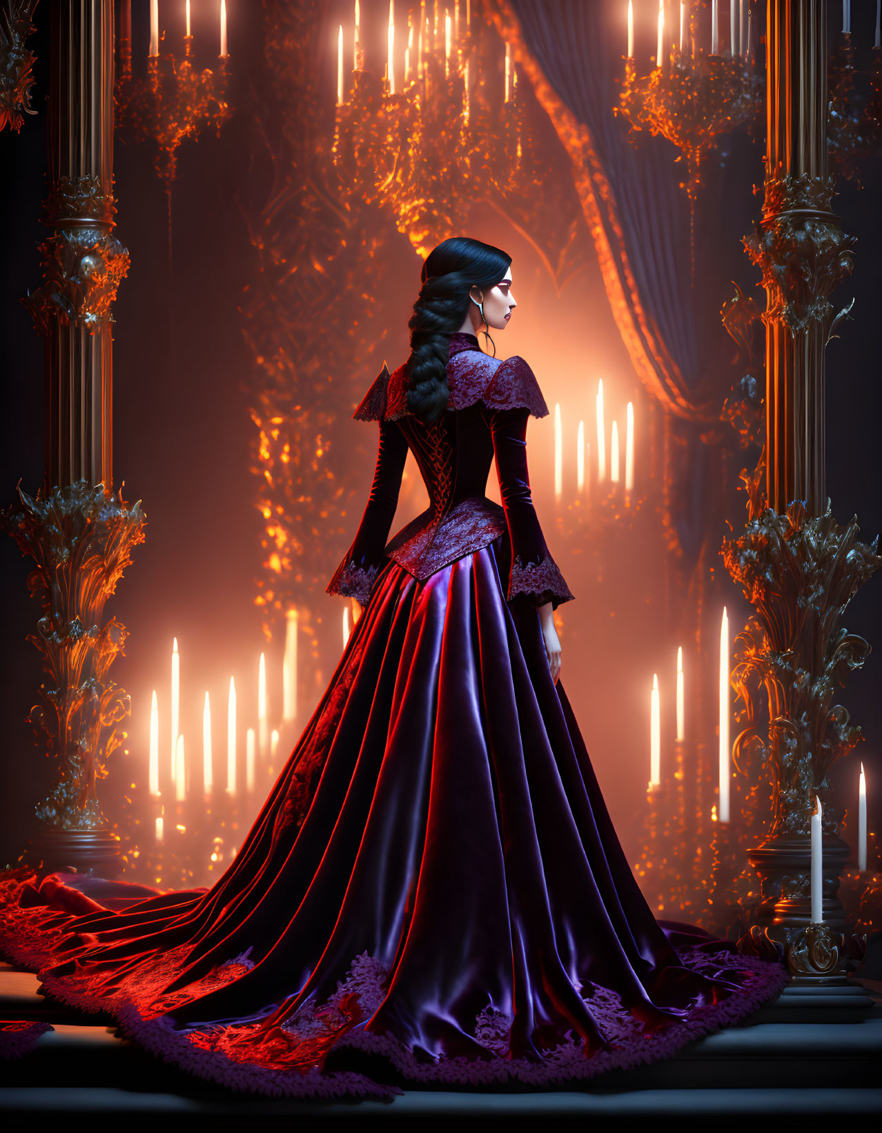 Victorian woman in dark purple gown in candlelit grand room