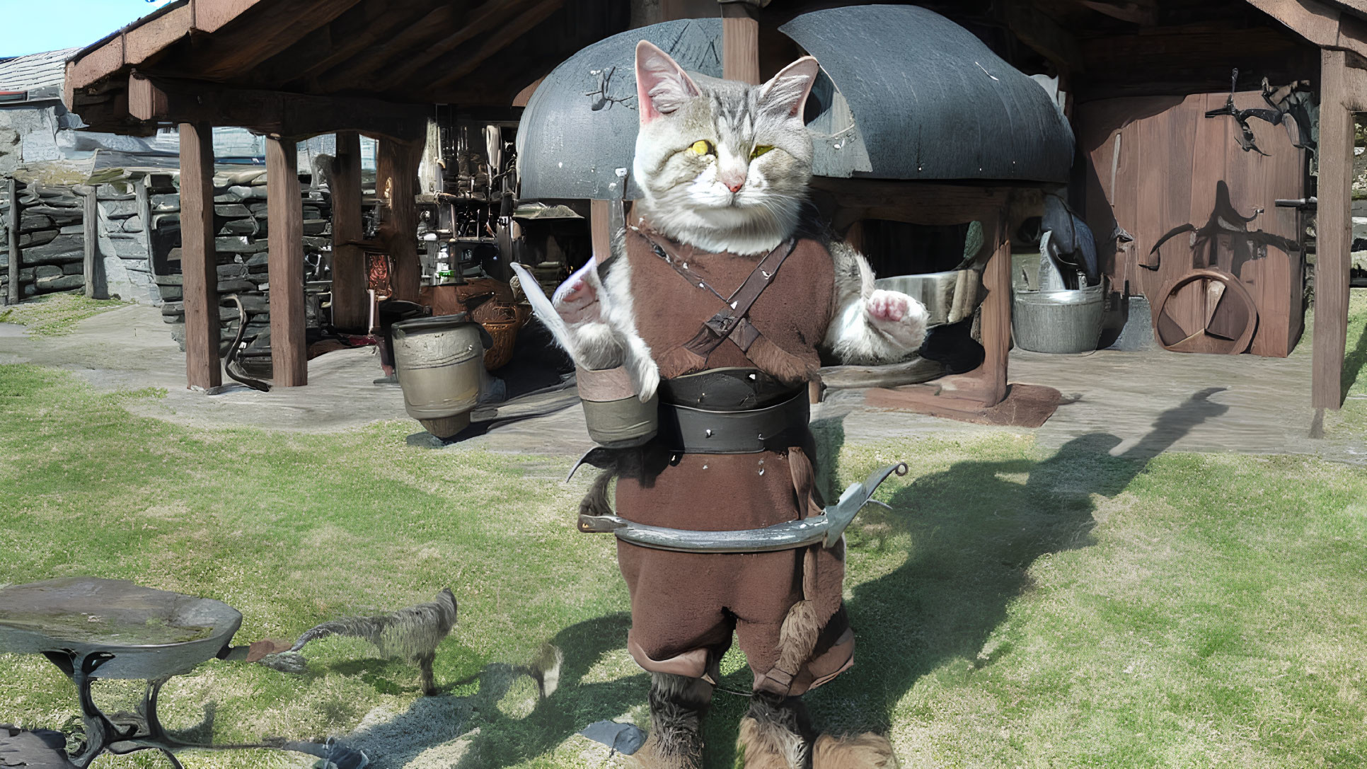 Person in Cat Costume with Medieval Attire in Rustic Outdoor Setting