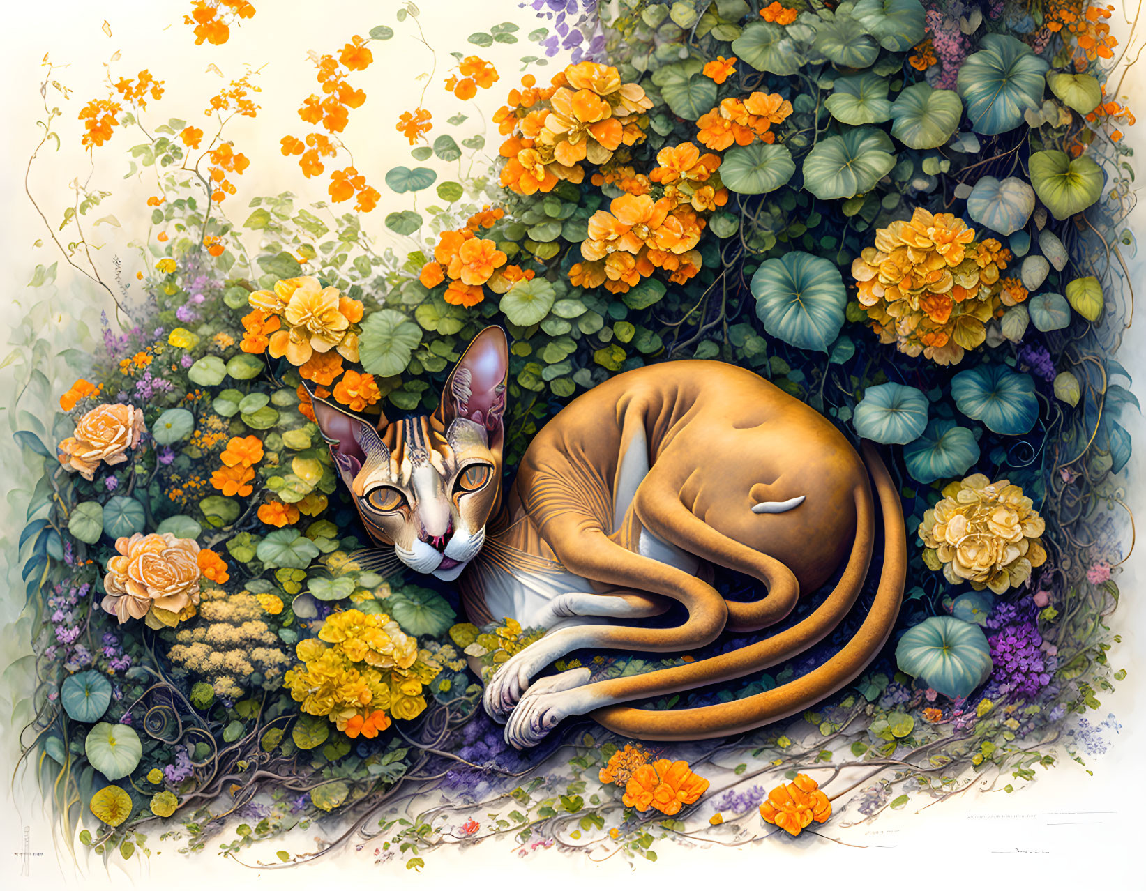 Colorful sphynx cat surrounded by lush flowers and plants.