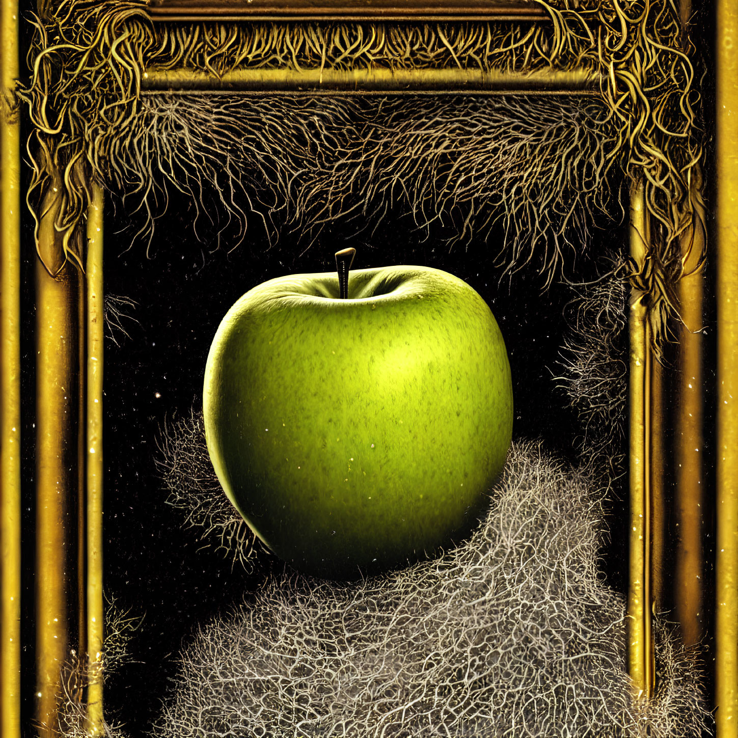 Green apple in ornate golden frame on black background with white wispy lines.