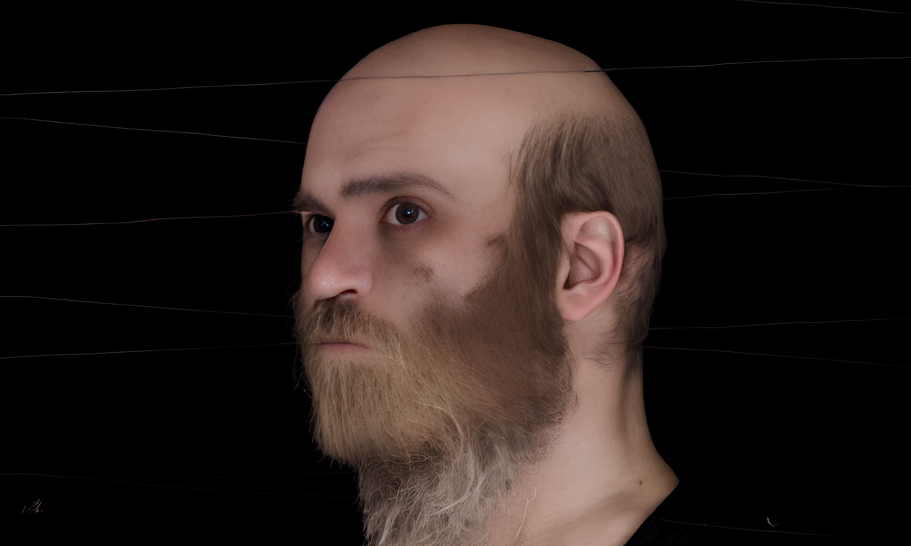 Balding man with beard and mustache against black background