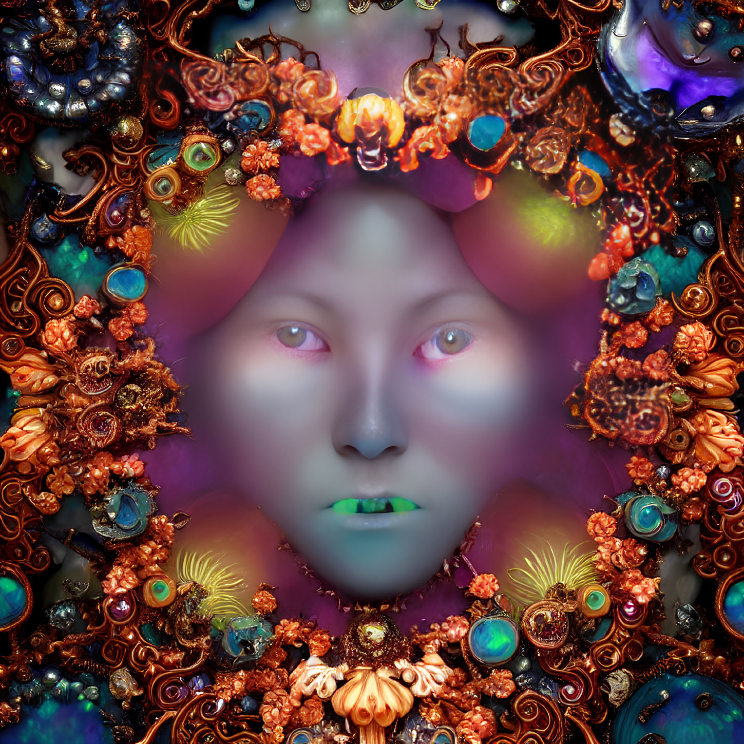 Colorful spectral face with ornate floral and marine elements in mystical setting