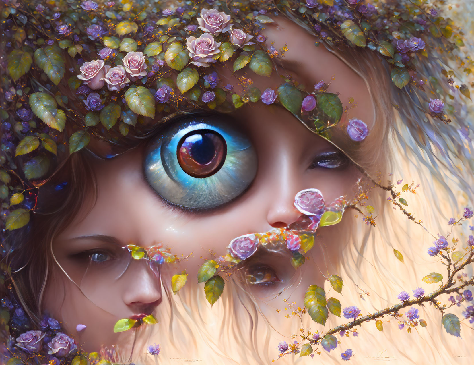 Surreal close-up digital artwork of woman's face with enlarged eye and floral adornments
