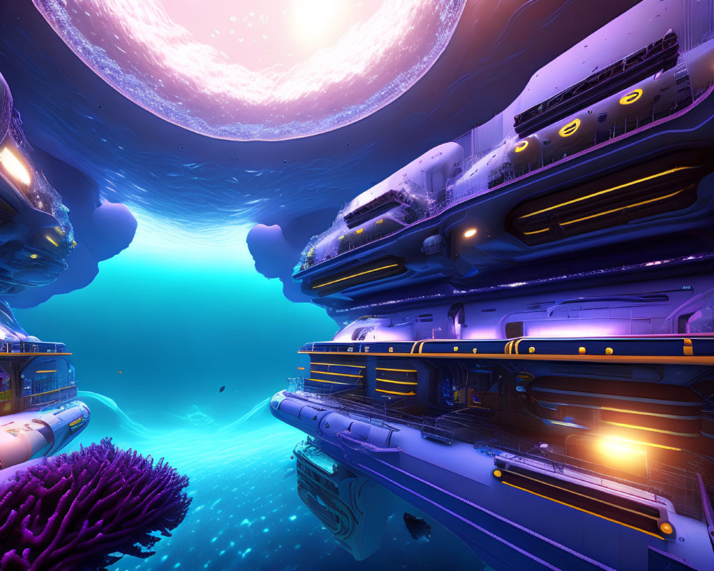 Futuristic underwater city with glowing structures and alien sky.