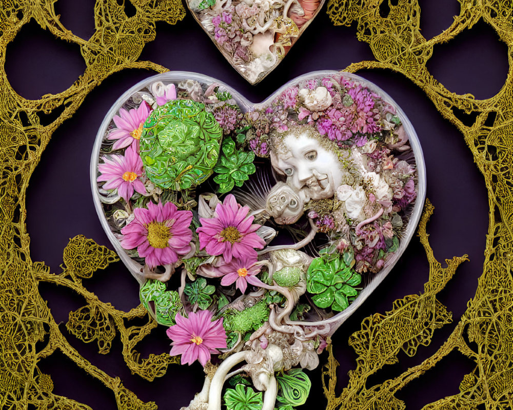 Heart-shaped art piece with flowers, sculptural details, and golden filigree on purple background