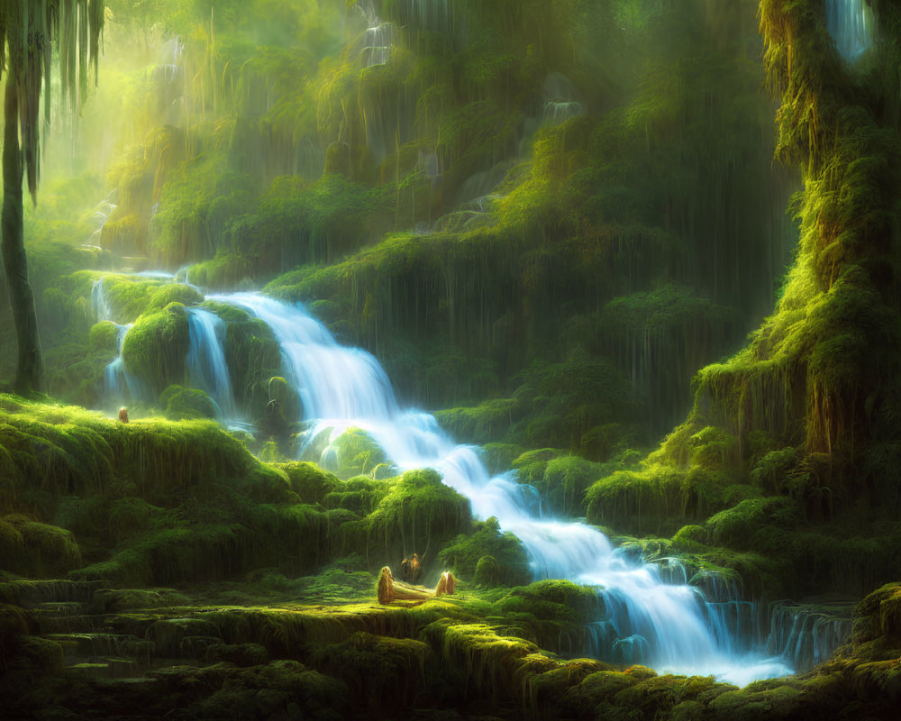 Tranquil fantasy landscape with cascading waterfall and lush greenery