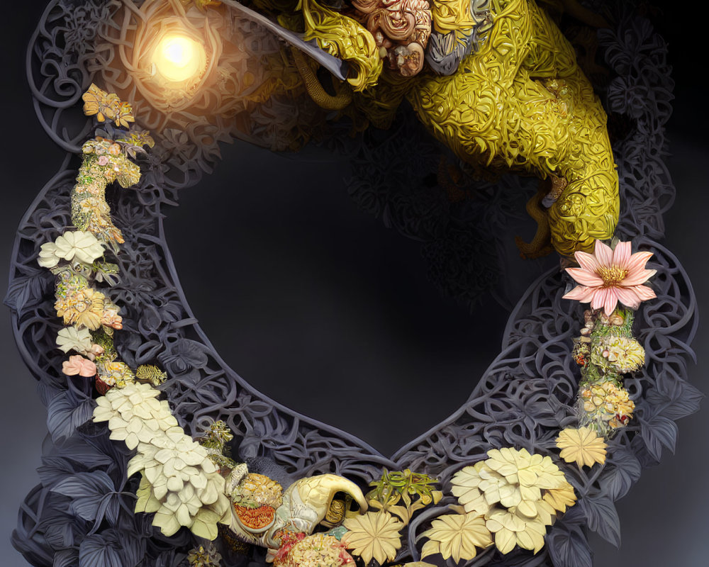 Golden elephant and vibrant floral artwork on dark background