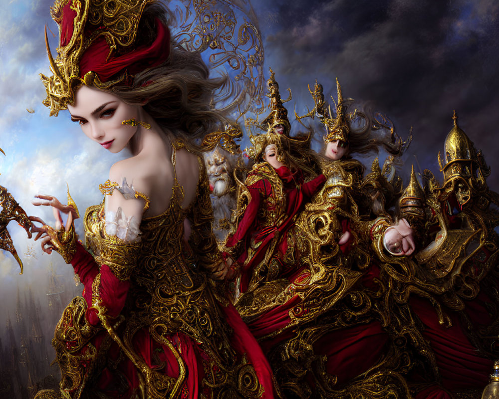 Regal women in golden and red attire under dramatic sky