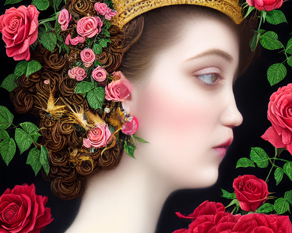 Profile Portrait of Woman with Rose Adornments and Golden Crown on Black Background