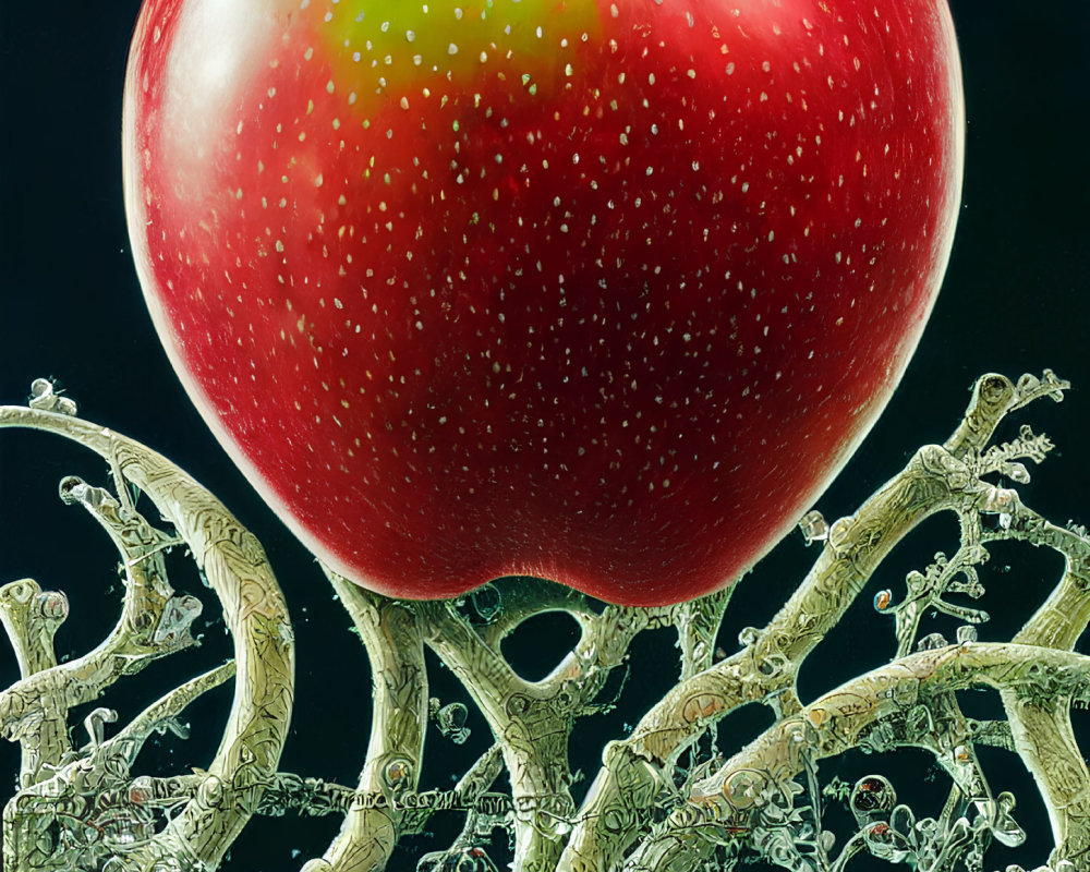 Vibrant red apple with yellow highlights on green root-like structures