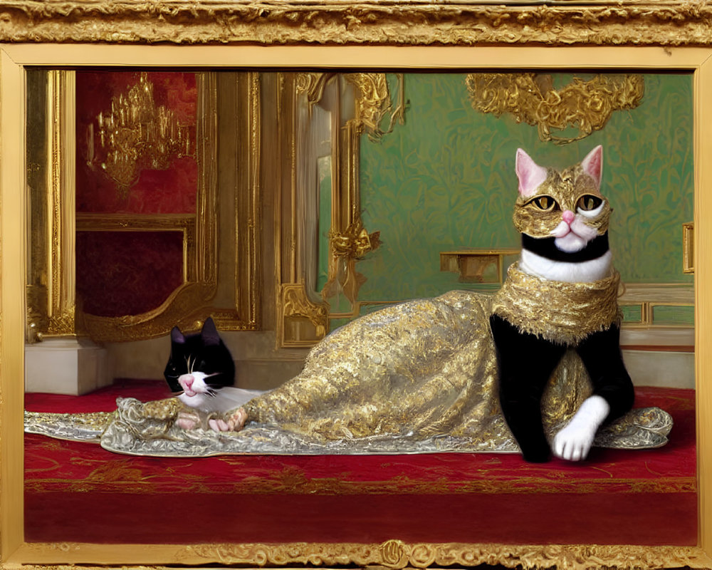 Regal cat portrait with gold-trimmed mantle and spectacles