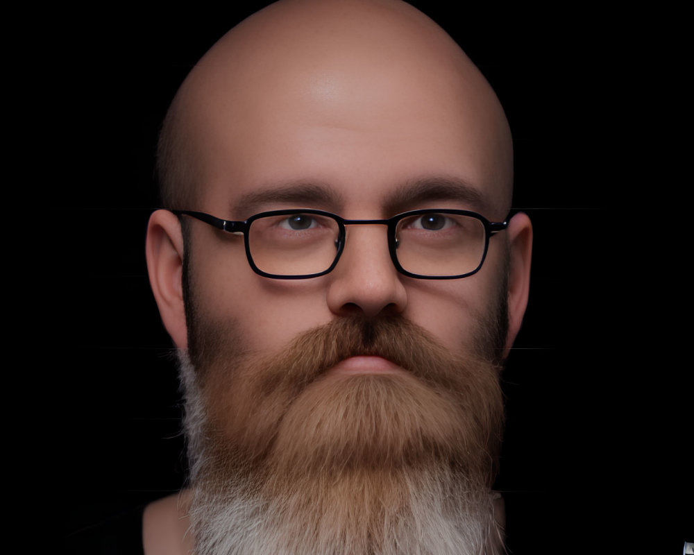 Bald Man with Full Beard and Glasses on Black Background