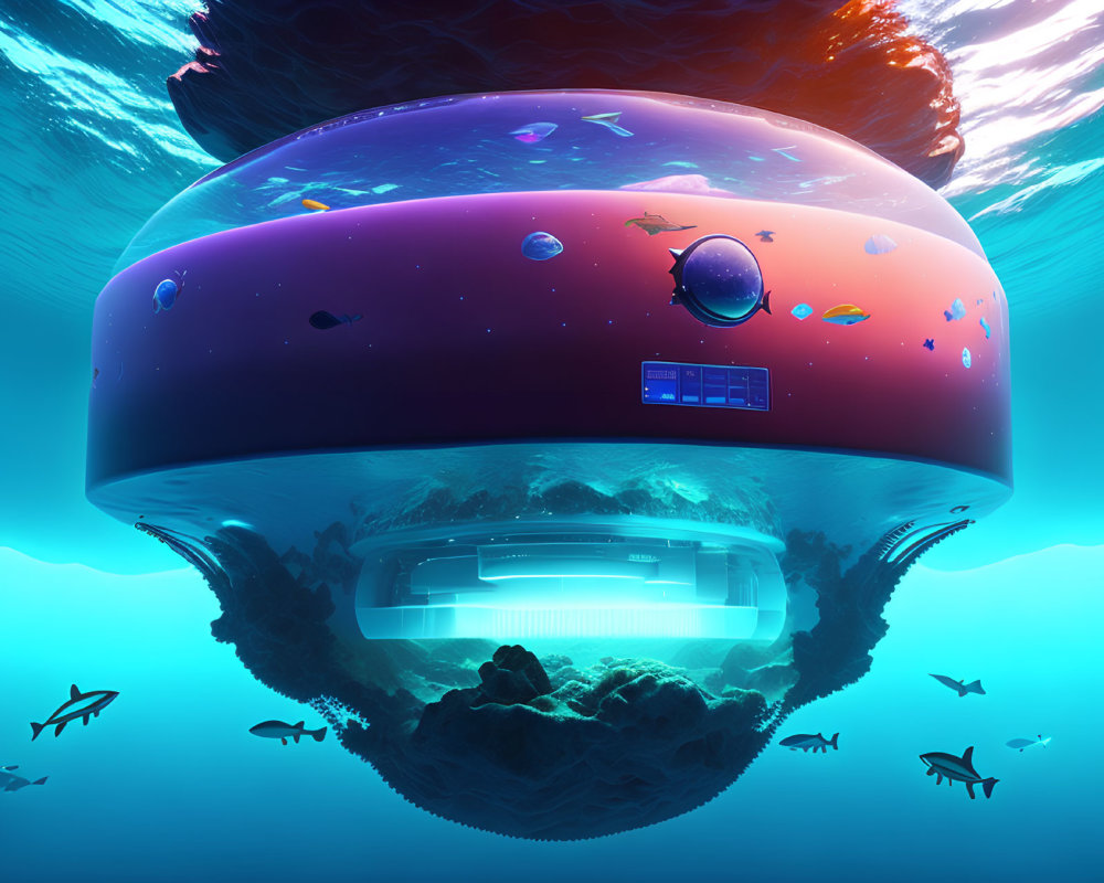 Futuristic underwater facility with dome structure and surreal cosmic blend