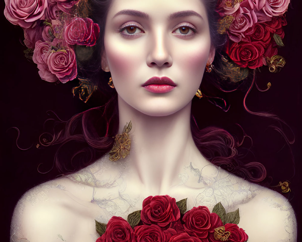 Portrait of Woman with Pink Rose Halo and Floral Collar on Dark Background