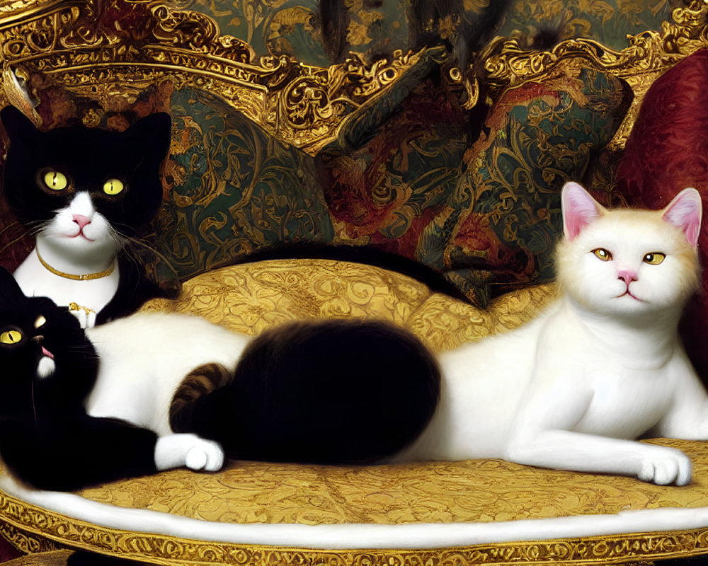 Three Cats Relaxing on Elegant Sofa: Black, White, & Black with White Markings