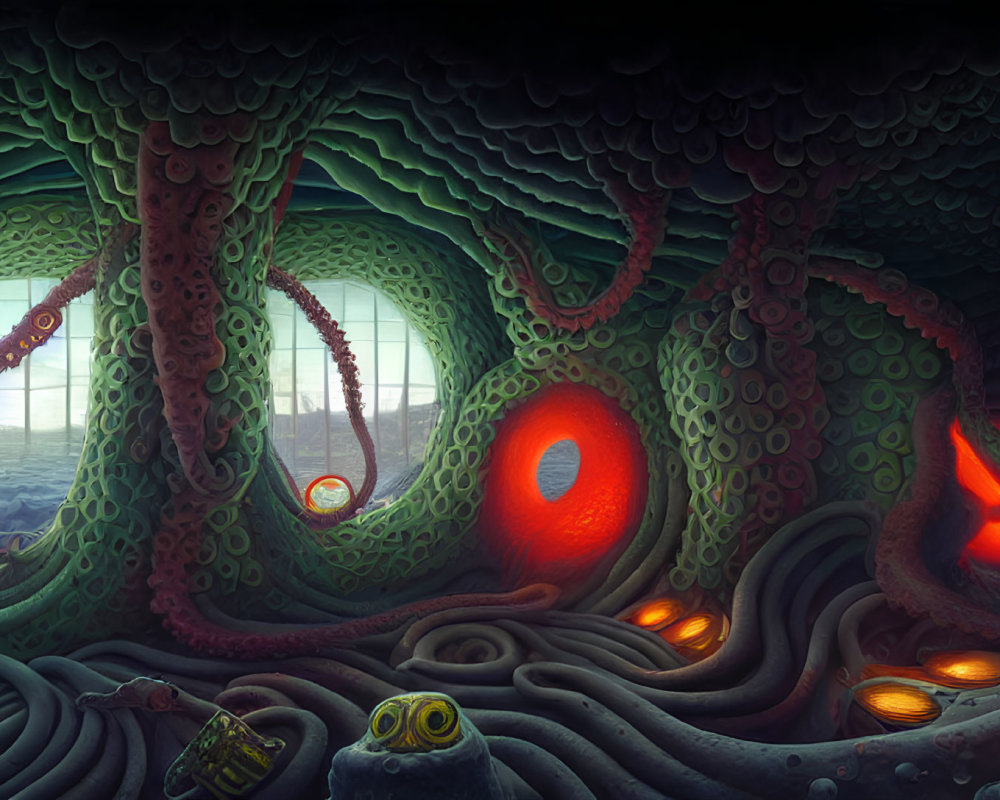 Surreal cavern with green tentacles and glowing red passages