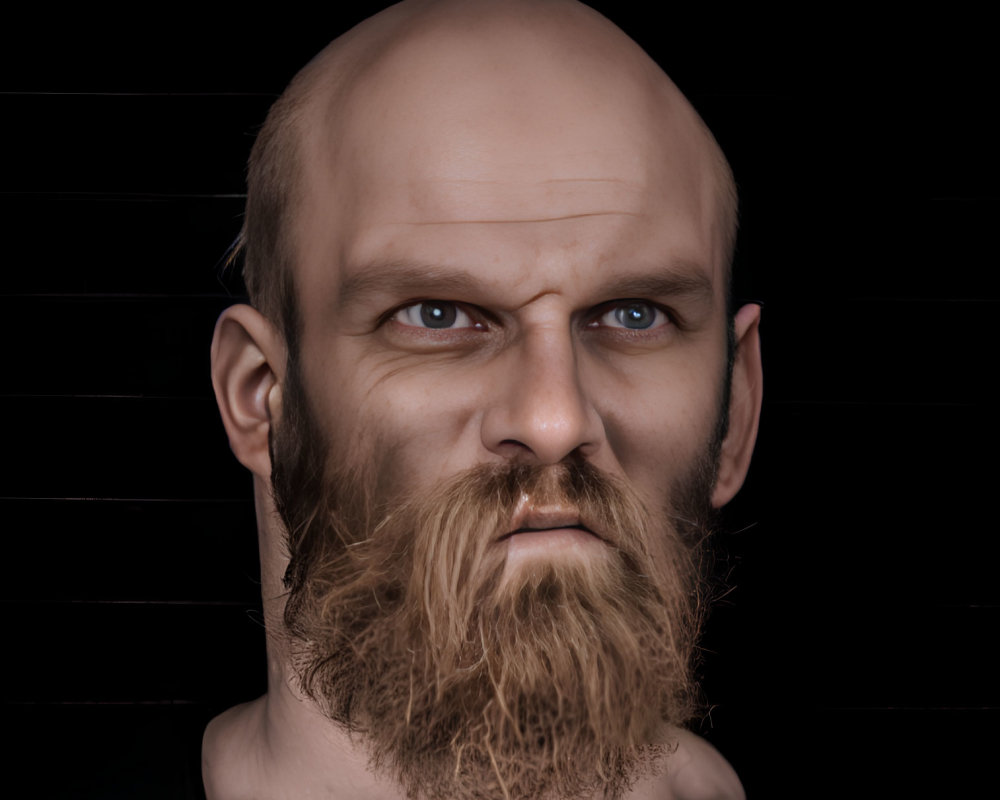 Intense bald man with unkempt beard and stern expression