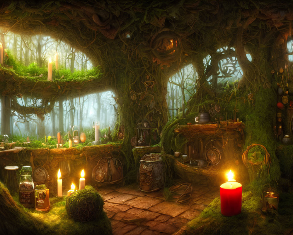 Enchanted forest interior: candlelight, wooden furniture, moss-covered surfaces, charms, mystical ambiance