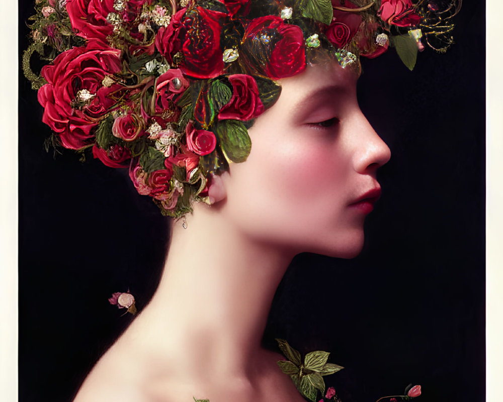 Profile portrait with red rose headdress on dark background