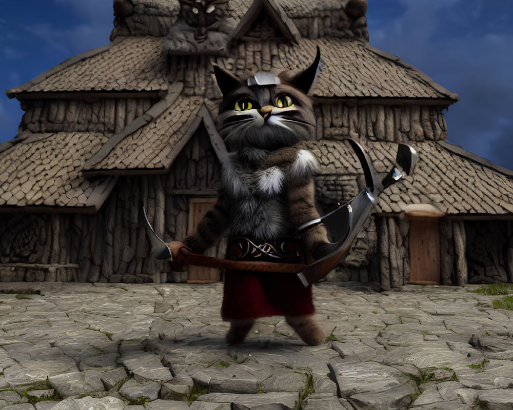 Animated cat warrior with bow in front of medieval hut under cloudy sky