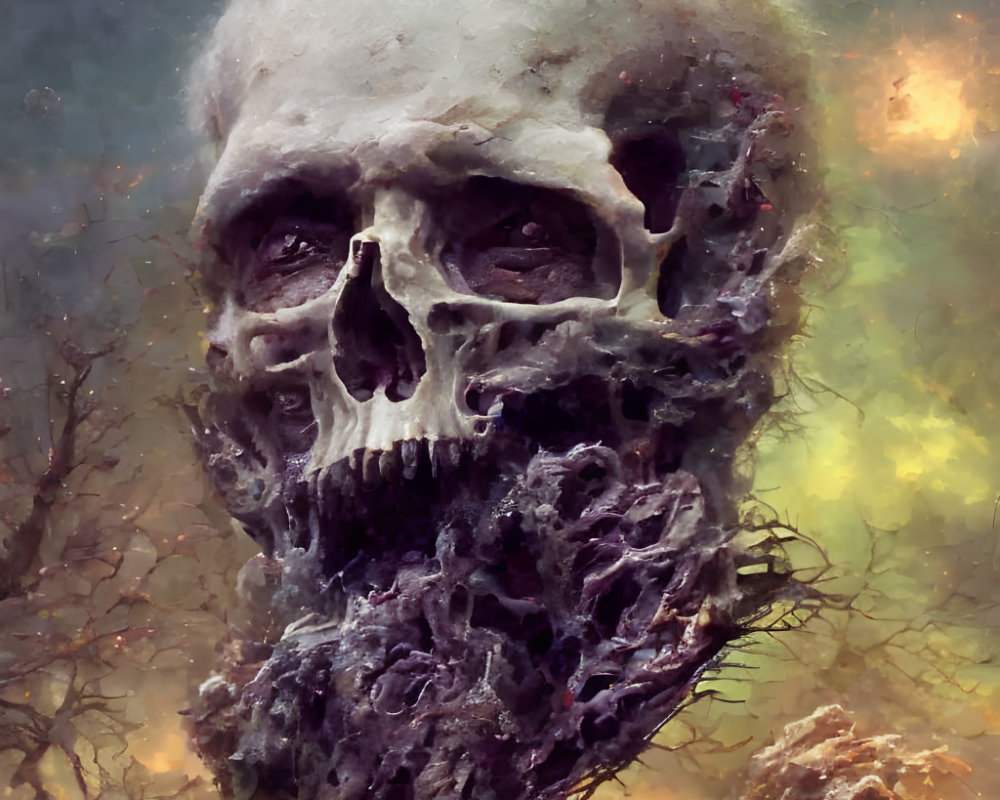 Detailed grotesque skull with decaying flesh and exposed bone on eerie blurry background.