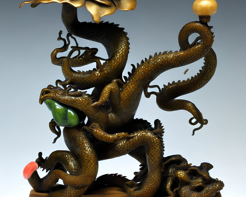 Intricate Dragon Sculpture with Pearl, Flower, and Wooden Base