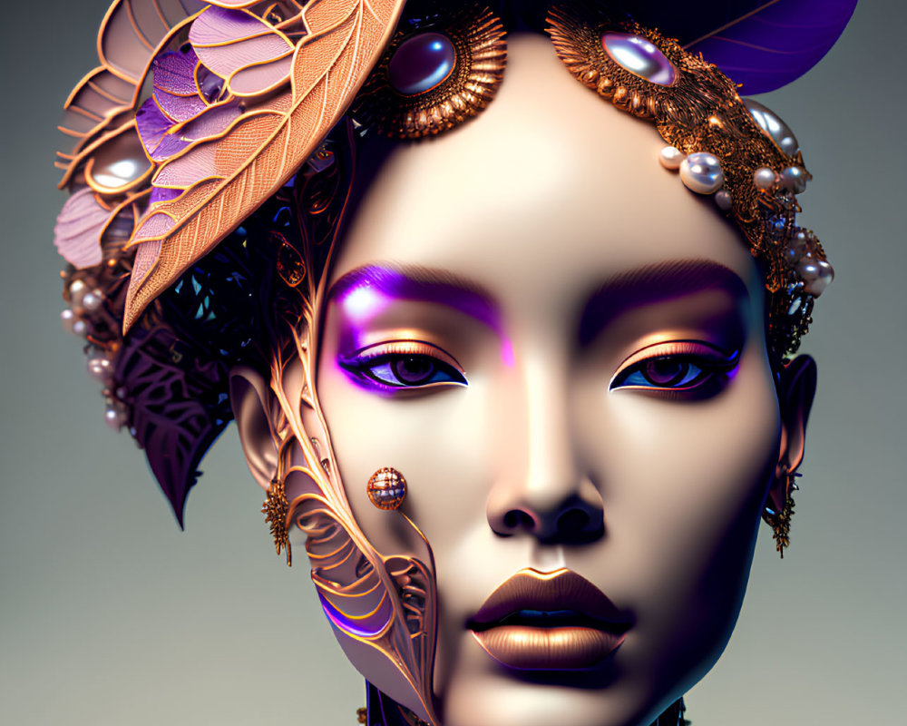 Digital art portrait of woman with metallic-gold makeup, pearls, purple highlights, and ornate head