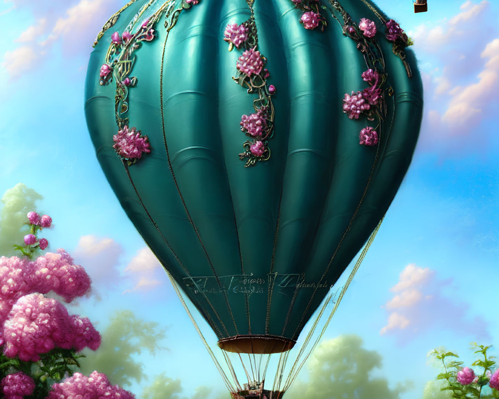 Colorful hot air balloon with pink flowers in blue sky and pink clouds