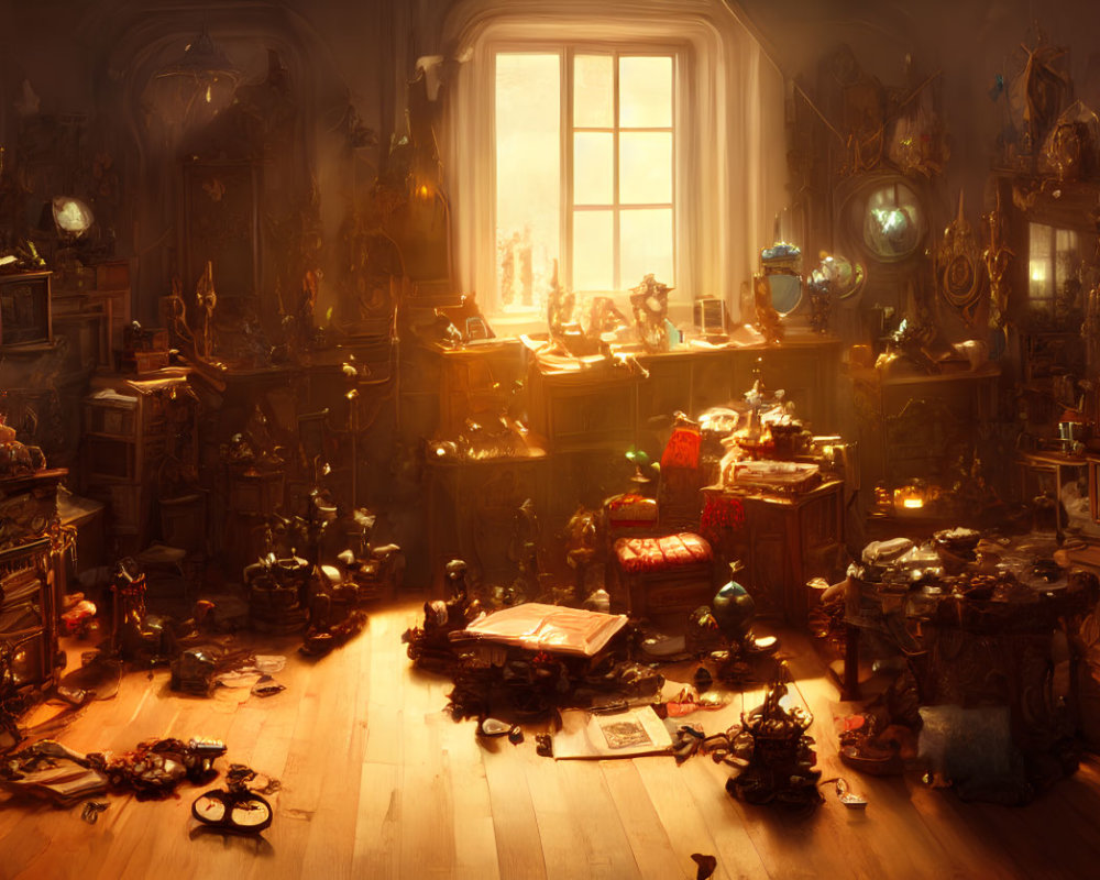 Cluttered room with magical artifacts, potion bottles, books, and mysterious objects in warm sunlight.