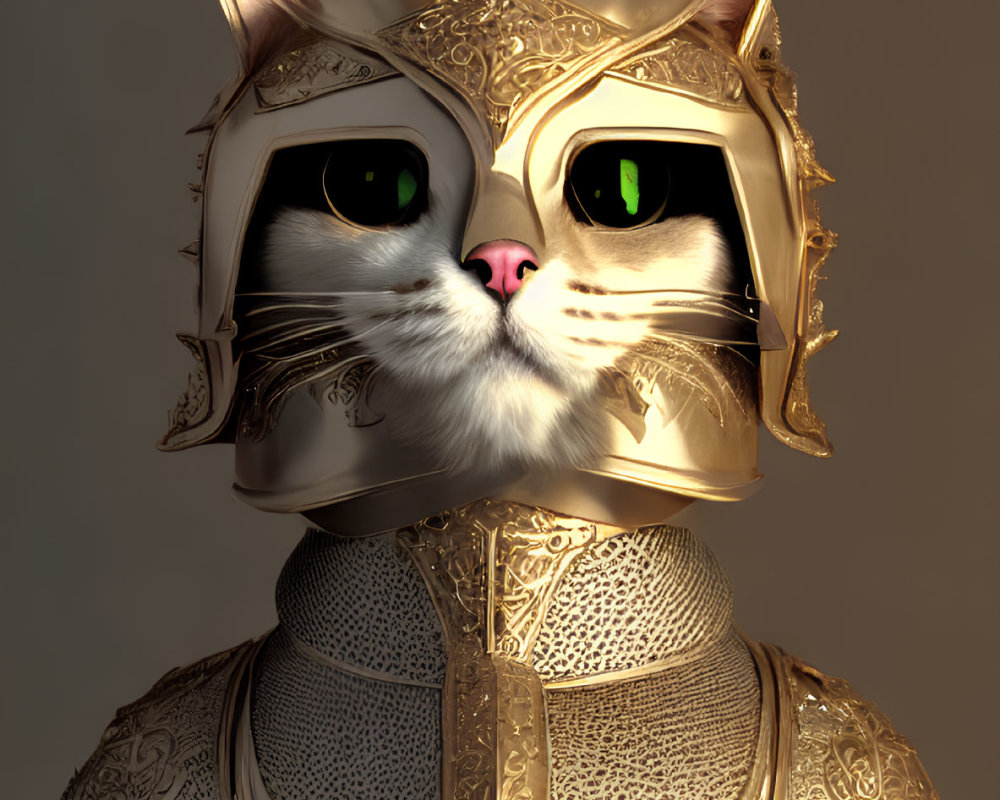 Digital Artwork of Cat in Golden Armor with Green Eyes