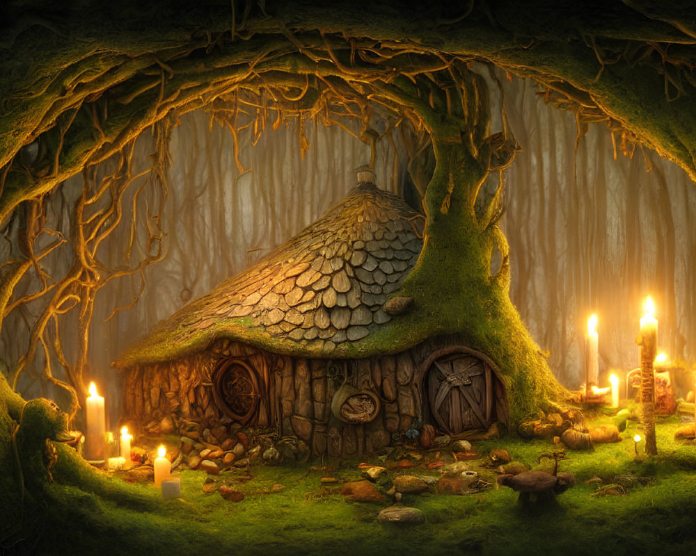 Enchanting forest cottage with thatched roof and candles nestled under tree roots