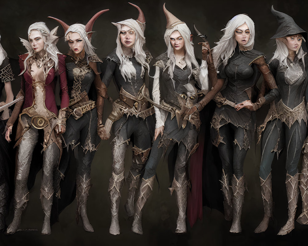 Eight fantasy elf characters in black, gray, and brown outfits and hairstyles with pointed ears.