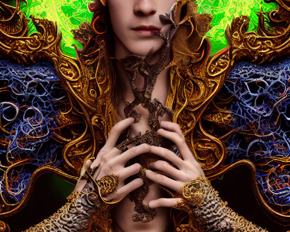 Elaborate Fantasy Attire with Gold Armor and Fractal Background