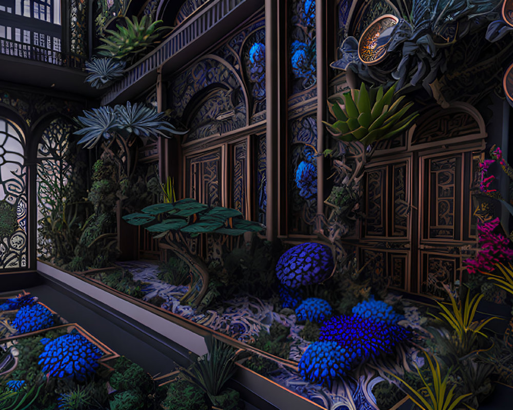 Intricately designed indoor garden with blue plants and ornate metalwork