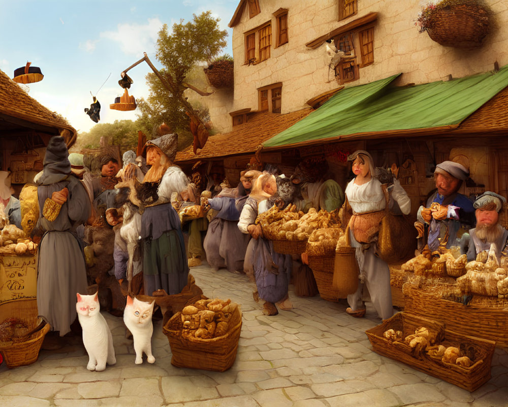 Historical market scene with people shopping among bread stalls and cats.