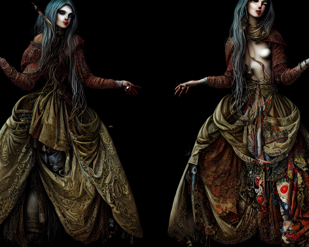 Detailed Gothic Fantasy Female Characters in Ornate Dresses on Black Background