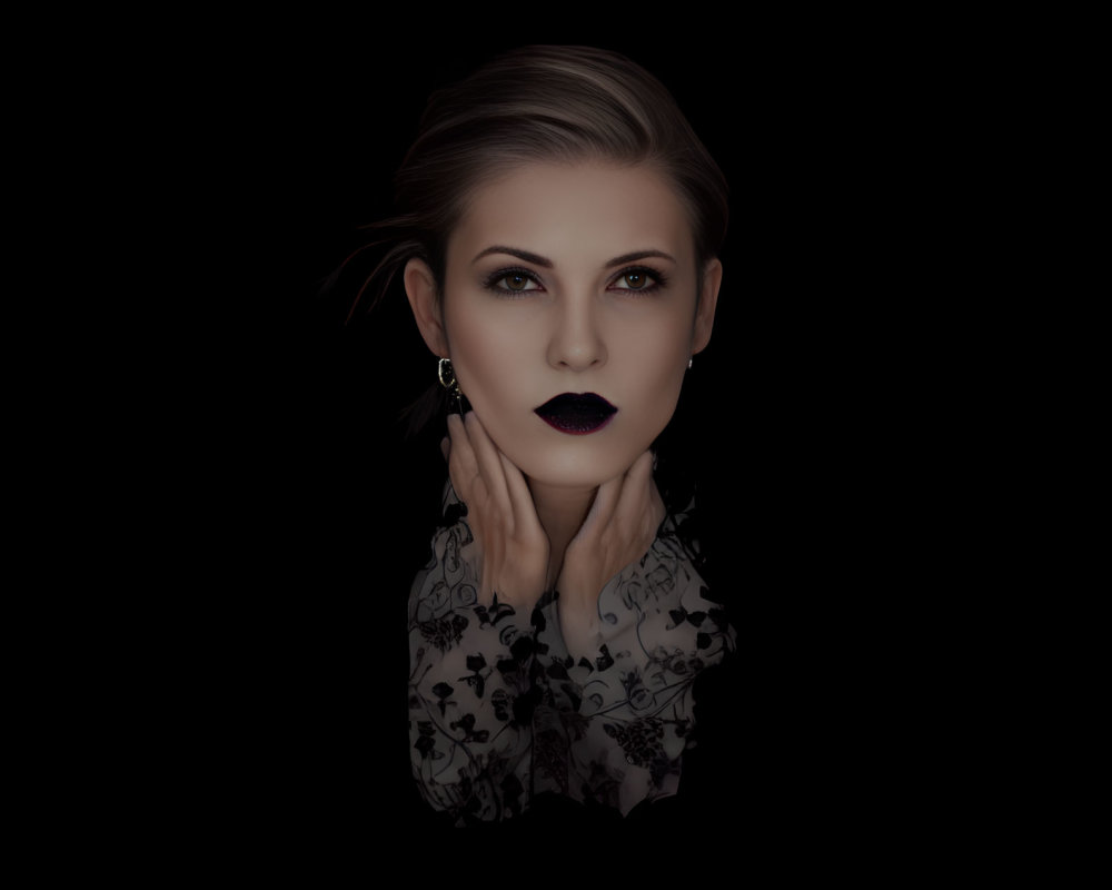 Dark lipstick woman with hands on cheeks in lace top on black background