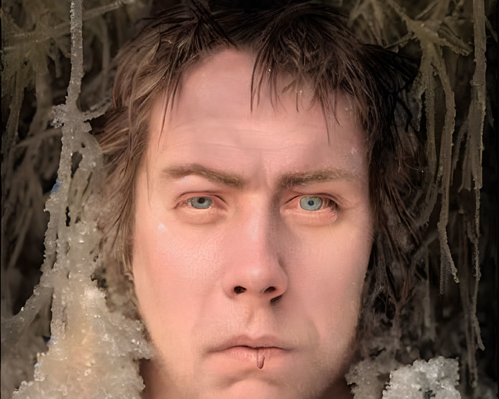 Person with hazel eyes, nose ring, and damp hair peeking through icicle-covered branches