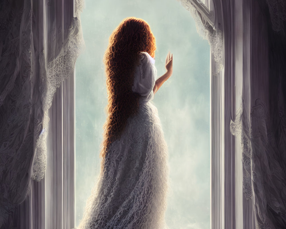 Curly Red-Haired Woman in White Dress Looking out of Open Window with Lace Curtains