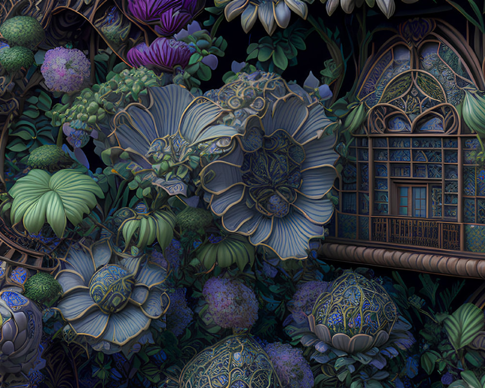 Intricate fantasy scene with lush flora, ornate globes, whimsical balcony, vibrant backdrop