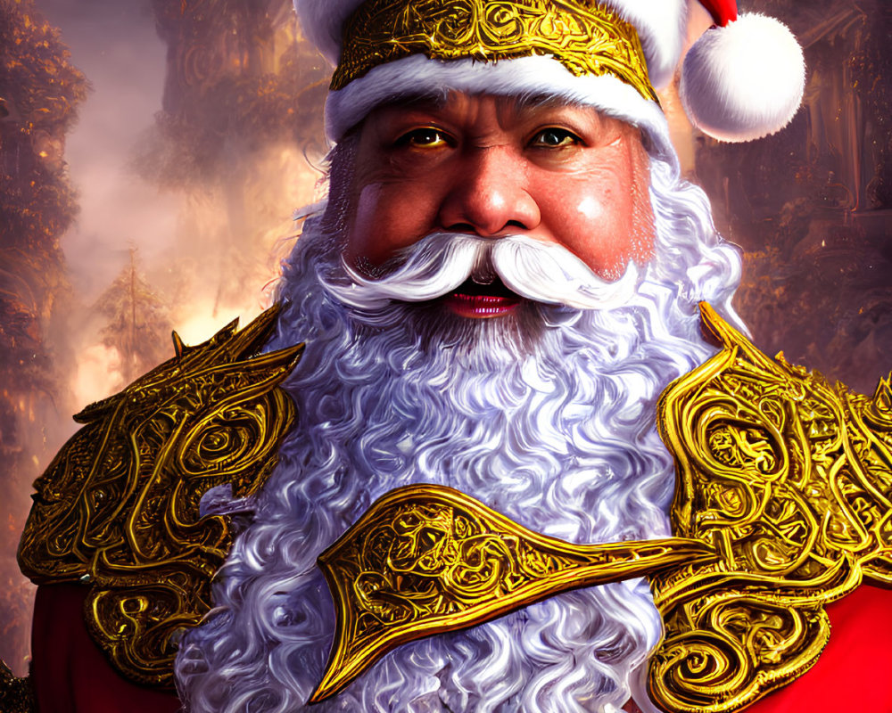 Detailed Santa Claus illustration in red and gold outfit with glowing backdrop