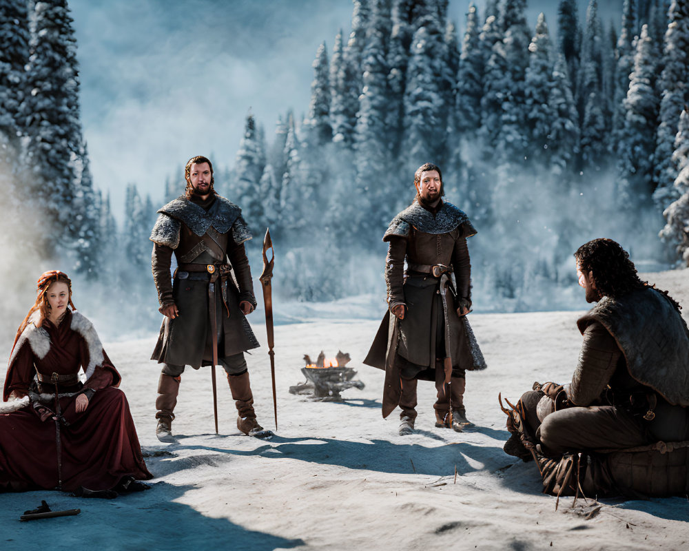 Medieval characters in snowy landscape with campfire