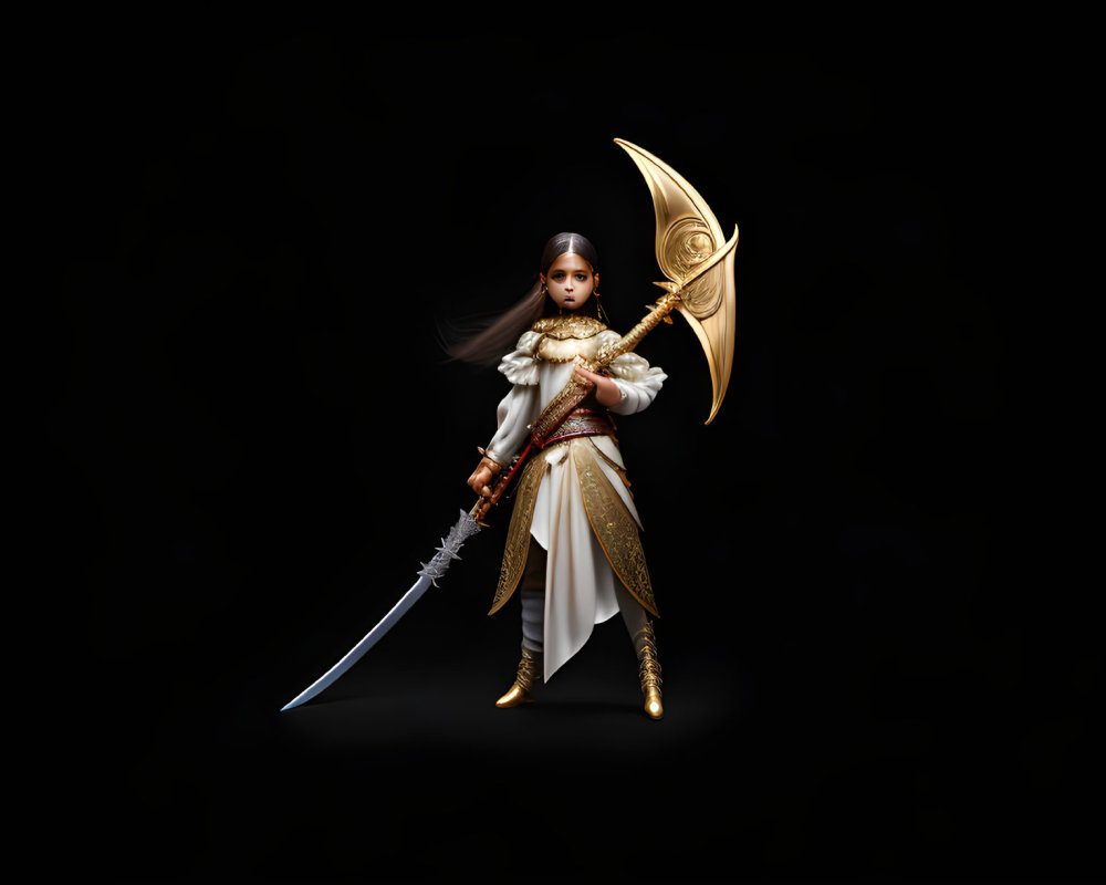 Female warrior in white and gold armor with sword and shield on dark background