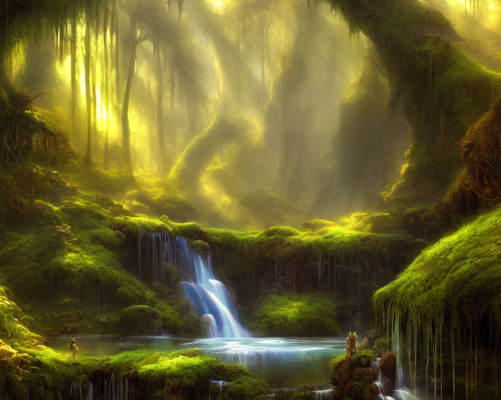 Ethereal forest scene with sunbeams, waterfalls, greenery, tranquil pools