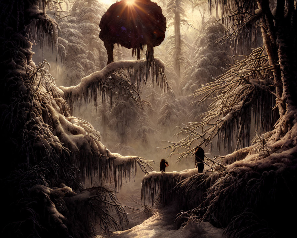 Snow-covered winter forest with icicles, warm light, figures, and glowing rock