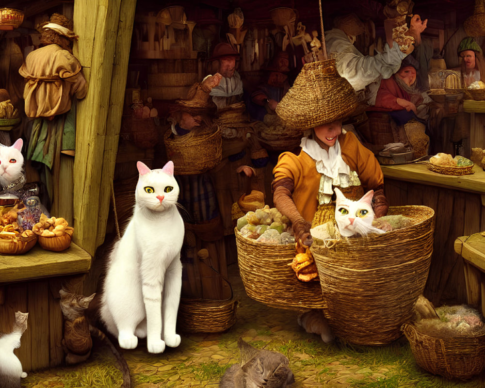 Anthropomorphic cats at market stall with produce and baked goods