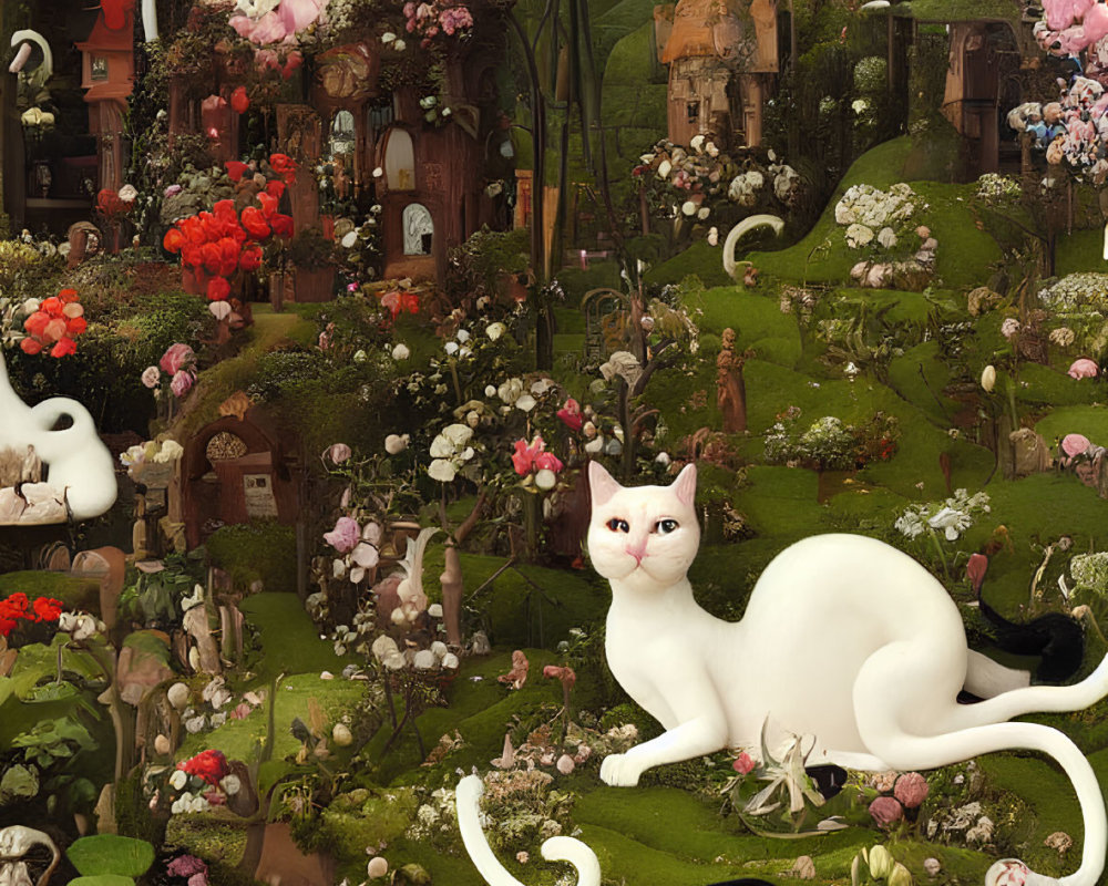 White cat in whimsical landscape with miniature houses and vibrant flowers